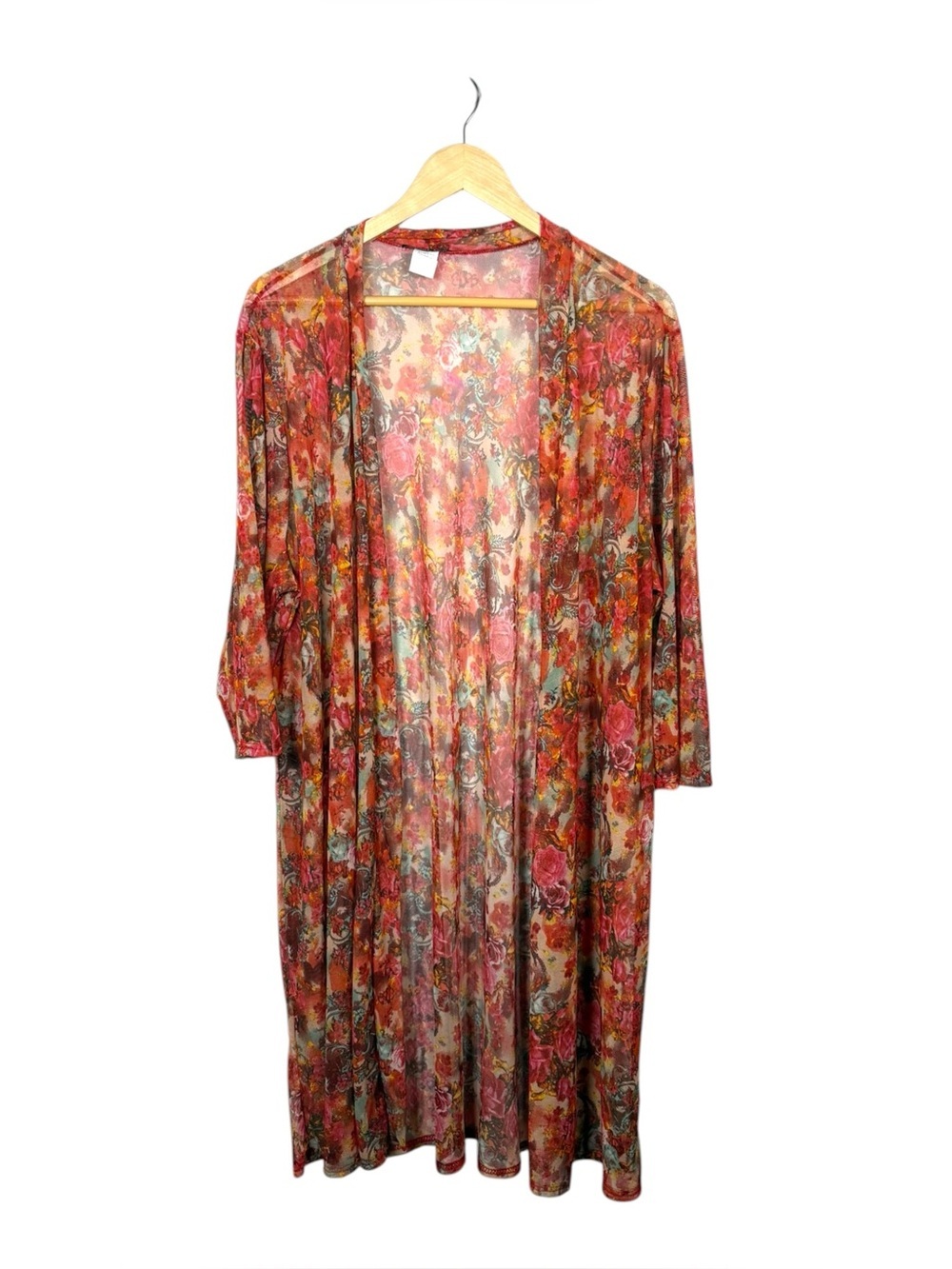 Double Take Plus Floral Sheer Mesh Kimono Duster Oversized Coverup 2X